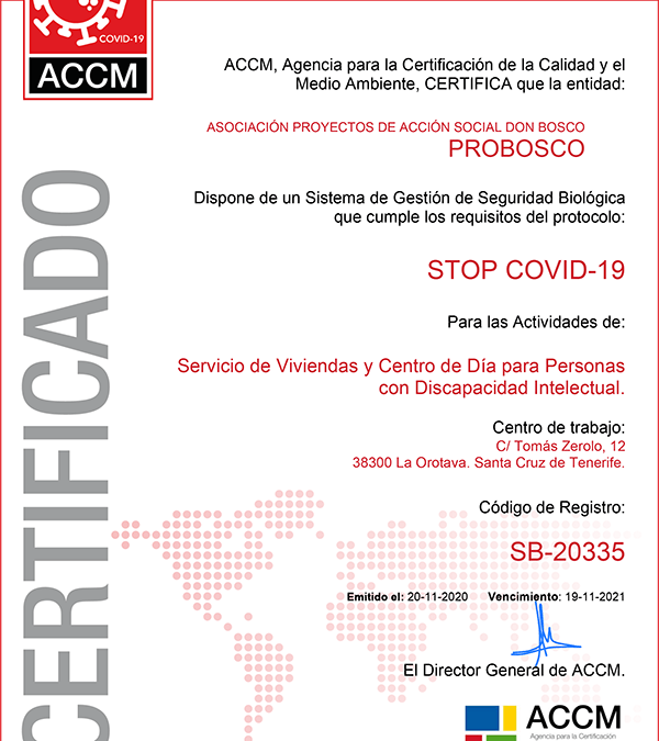 Certificado Seguridad Biológica Stop Covid-19